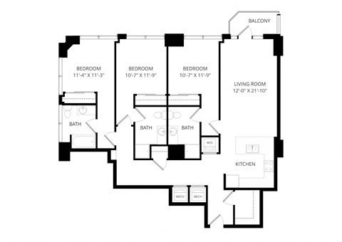 Floor plan for 3 beds, 3 baths, 1521 sqft